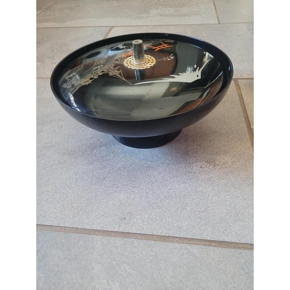 Vintage Japanese Aizu Lacquer Music Box Bowl Black & Gold Mt Fuji Wind-Up Dish